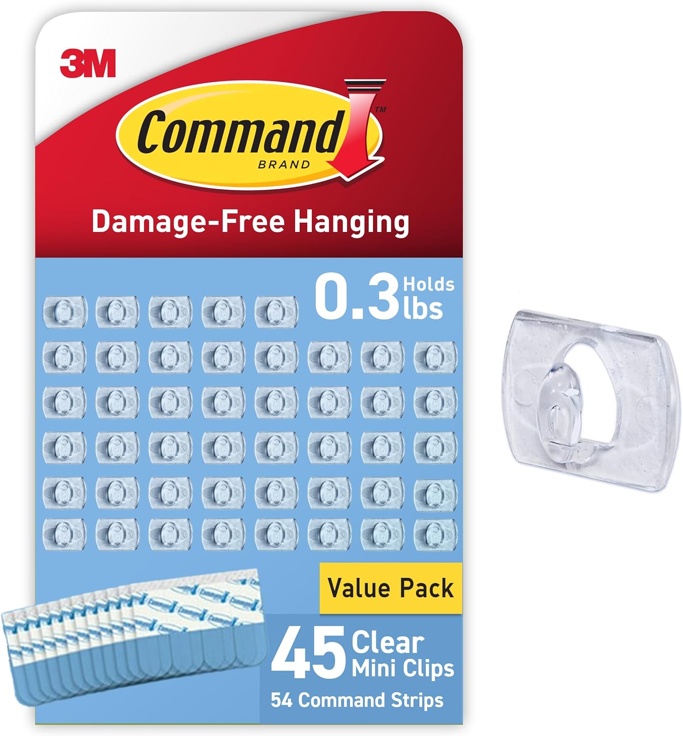 Command Clear Indoor Mini Light Clips Value Pack. 45 Clips. 54 Strips. Damage-Free String Light Hangers for Home. Room. Wall. Office. and Dorm Decor. Great for Cable Management. Holds up to 0.3 lb