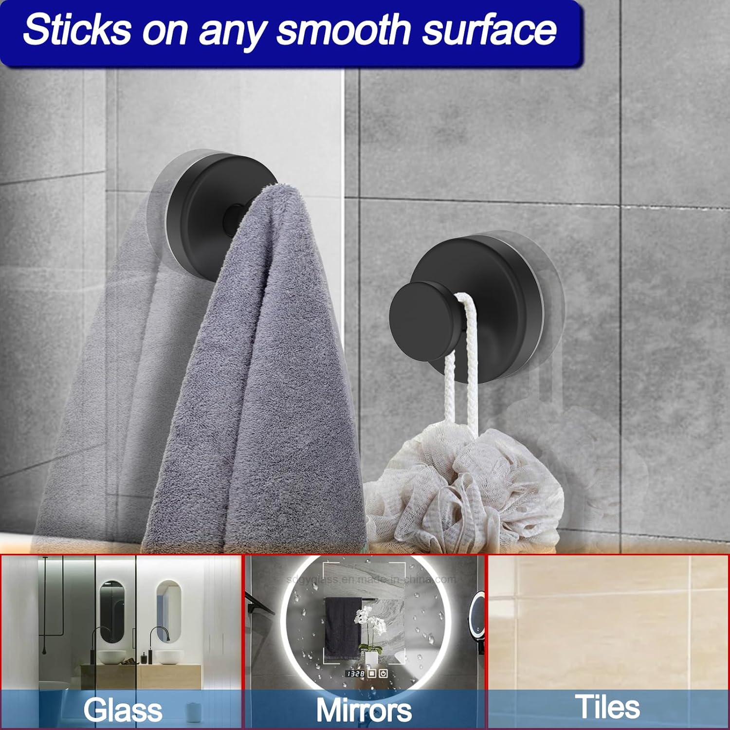 Bntuk Suction Cup Hooks for Shower. Removable Towel Hooks for Bathroom Window Glass Door Wall. Bath Robe Looafh Wreath Hook for Hanging - 2 Pack. Black - Image 4