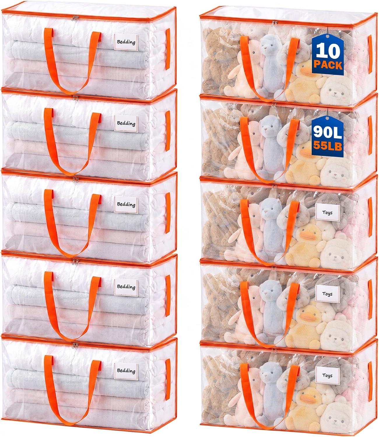 KYODOLED 10-Pack Clear Moving Bags Heavy Duty Extra Large. Storage Totes with Reinforced Handles. Zippers & Label Pocket. Transparent Packing Containers for College Dorm. Clothes. Bedding. Toys